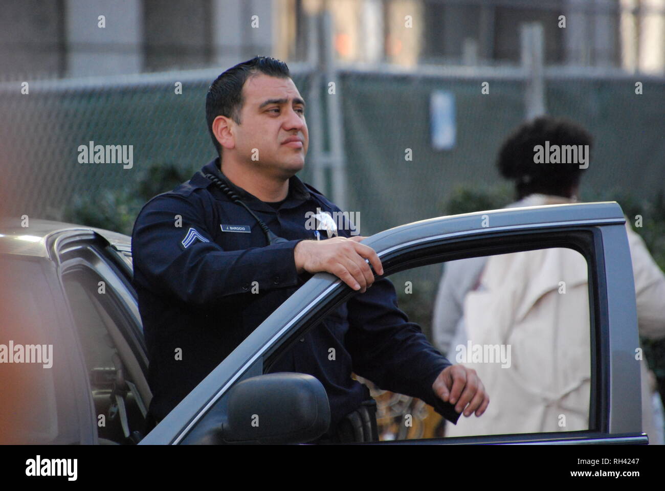 Oakland police Officer Jose Barocio providing security outside a Kamala Harris for President rally in downtown Oakland on Jan. 27, 2019. Stock Photo
