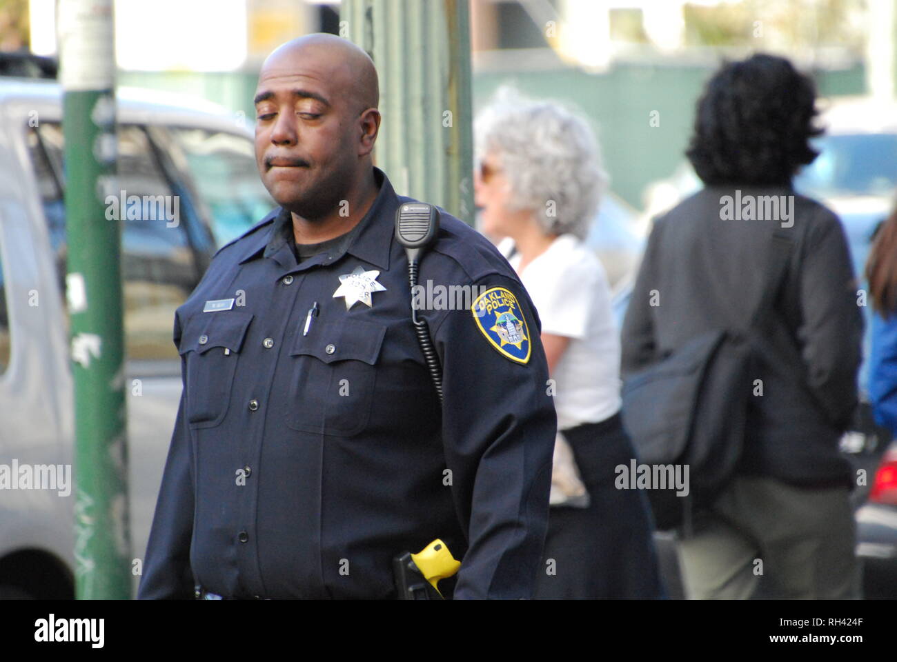 Oakland police Officer William Seay providing security outside a Kamala Harris for President rally in downtown Oakland on Jan. 27, 2019. Stock Photo
