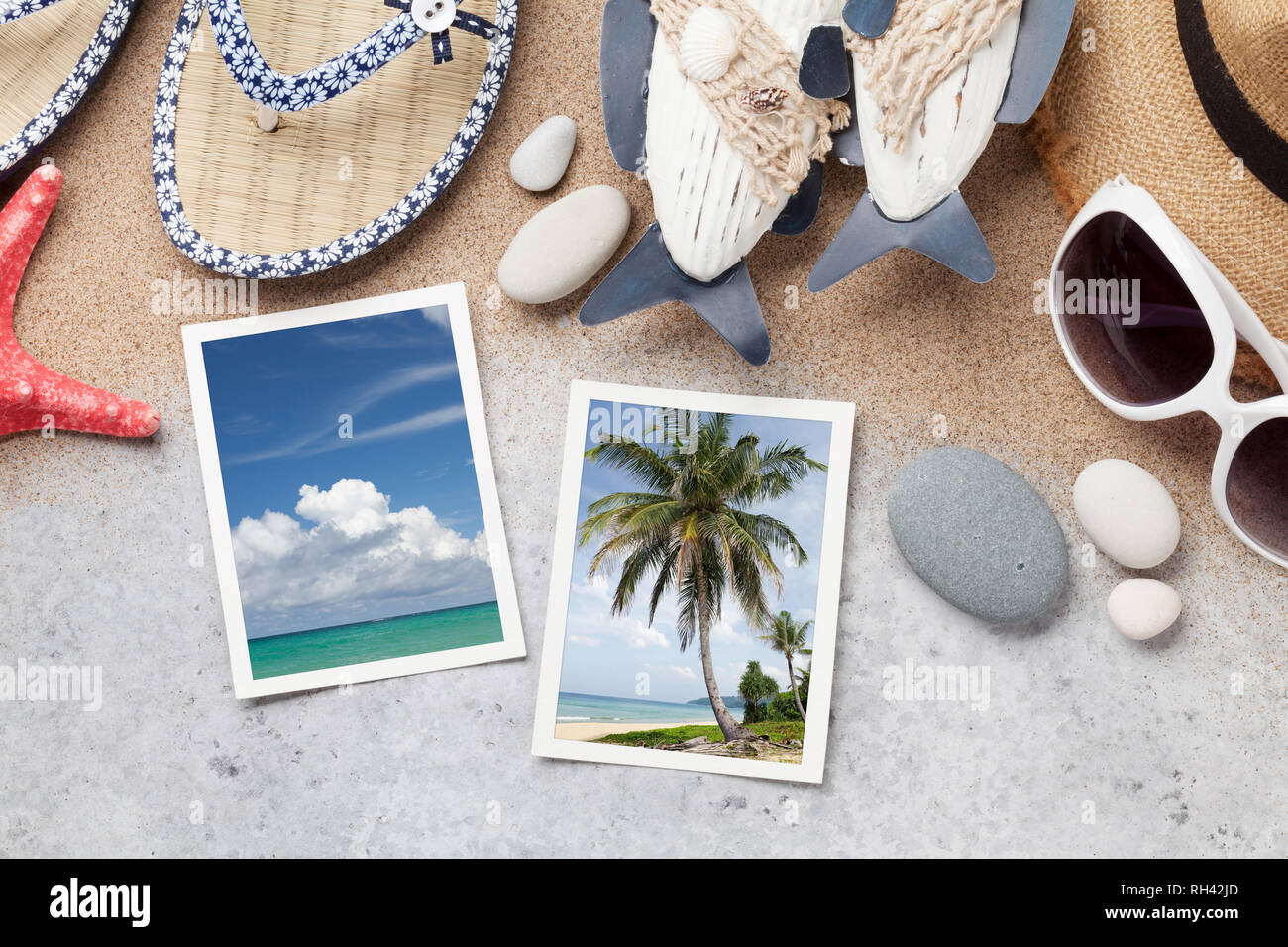 Travel vacation concept with beach hat, sunglasses and weekend photos. Top view. Flat lay. All photos taken by me Stock Photo