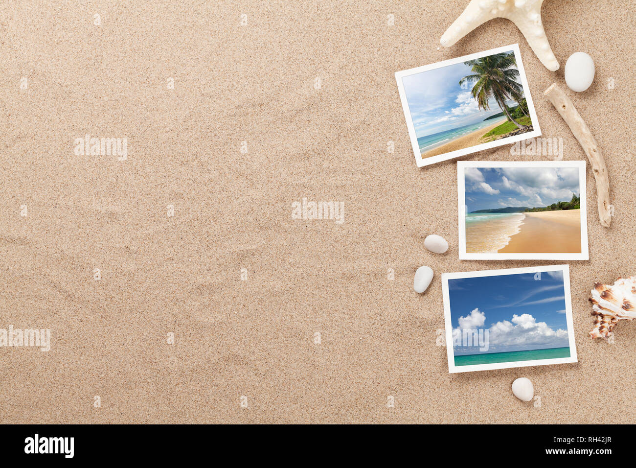 Travel vacation background concept with seashells and photos on sand backdrop. Top view with copy space. Flat lay. All photos taken by me Stock Photo