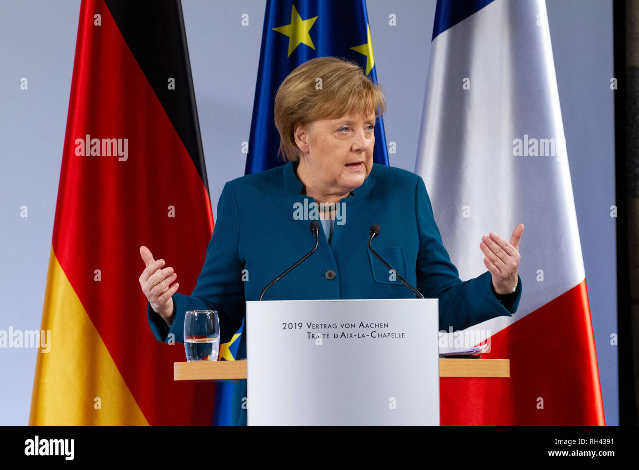 Angela Merkel  bei der Erneuerung des deutsch-französischen Freundschaftsvertrages im Rathaus. Aachen, 22.01.2019 Stock Photo