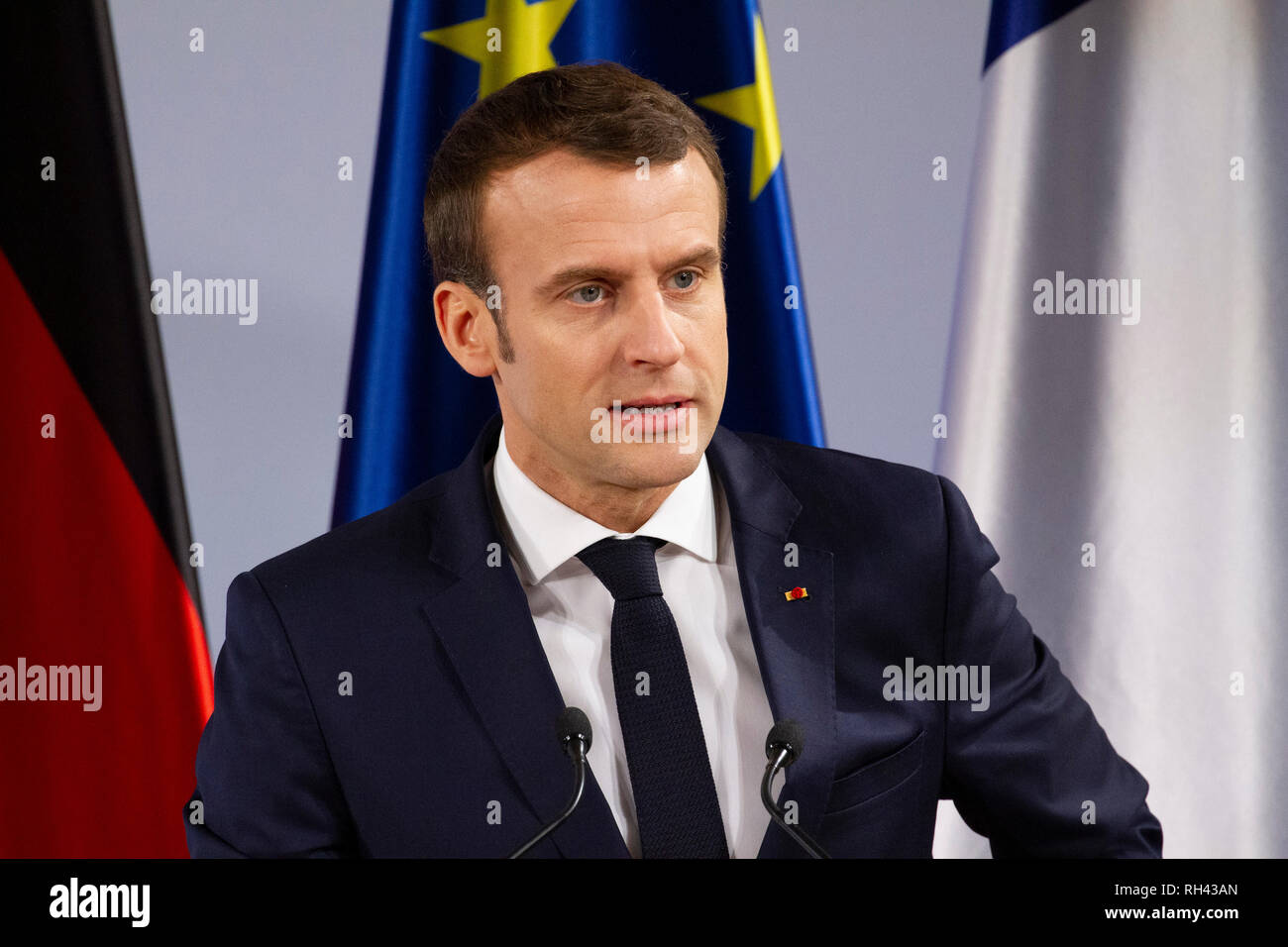 Emmanuel Macron bei der Erneuerung des deutsch-französischen Freundschaftsvertrages im Rathaus. Aachen, 22.01.2019 Stock Photo