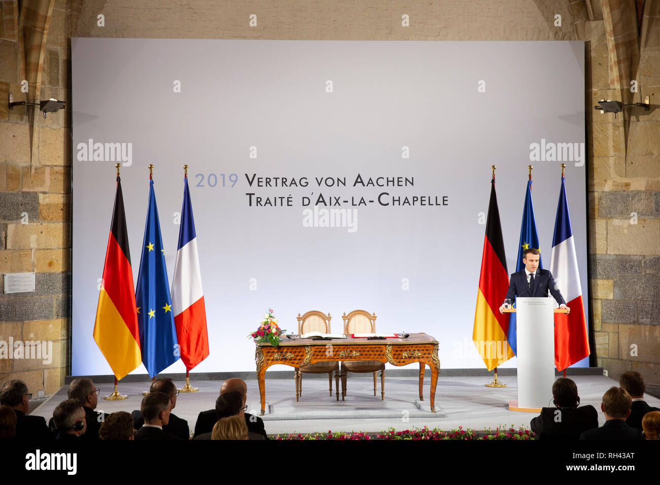 Emmanuel Macron bei der Erneuerung des deutsch-französischen Freundschaftsvertrages im Rathaus. Aachen, 22.01.2019 Stock Photo