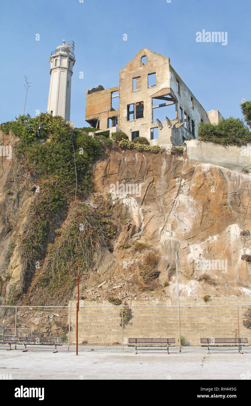Warden's House and Lighthouse, Alcatraz Island, San Francisco Bay, California, USA Stock Photo