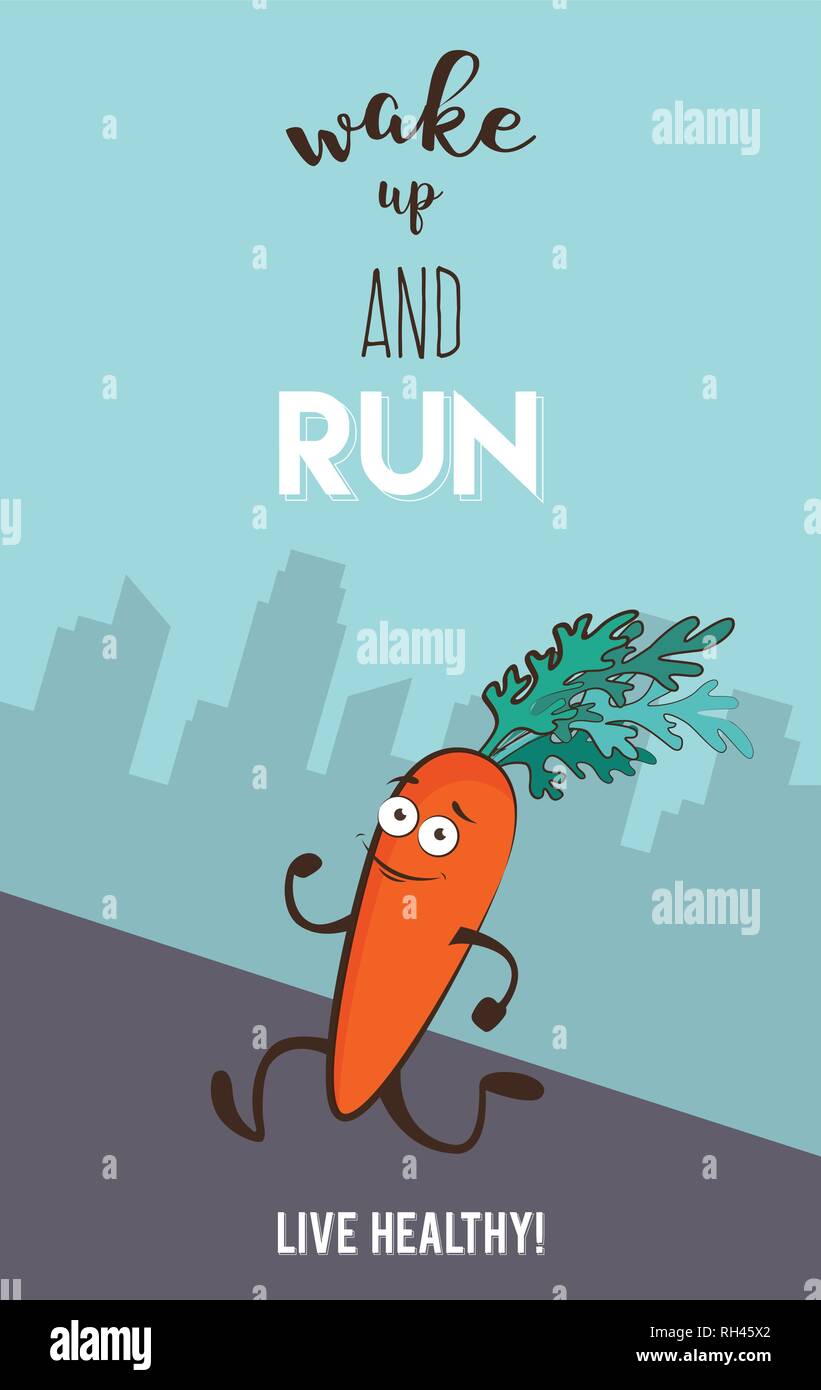 poster of funny running and jogging carrot . Eating healthy and fitness.  Cute cartoon character vector illustration Stock Vector Image & Art - Alamy