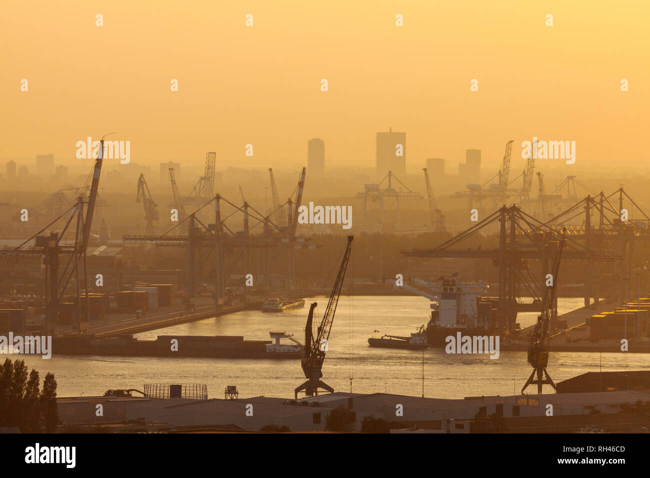 Aerial panorama of Rotterdam port. Rotterdam, South Holland, Netherlands. Stock Photo
