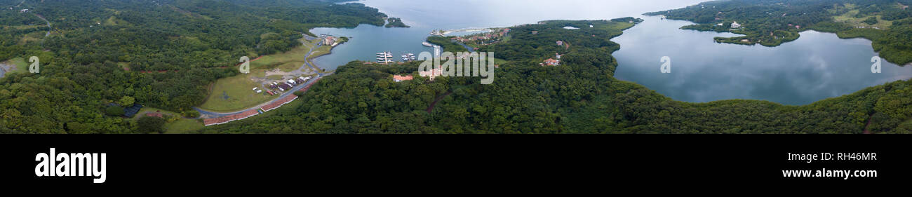 High angle aerial 360 panorama of the Parrot Tree area of Roatan, Honduras. Stock Photo