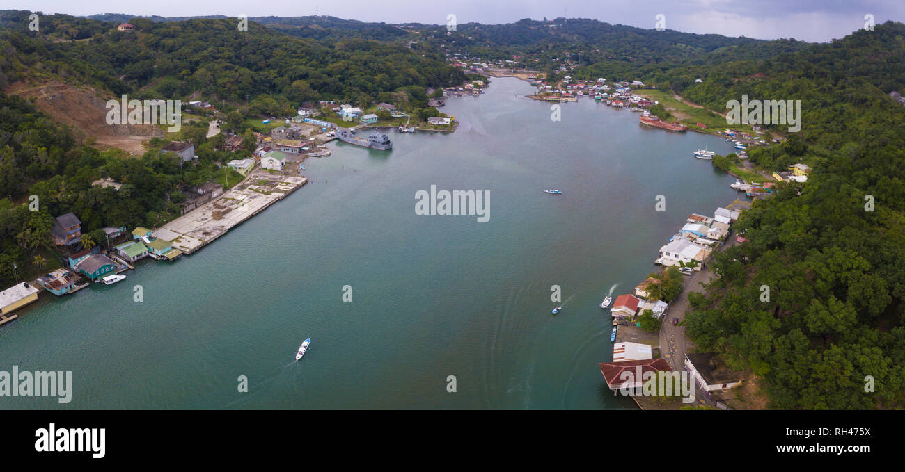 Aerial panorama of the Oak Ridge area of Roatan Honduras. Stock Photo