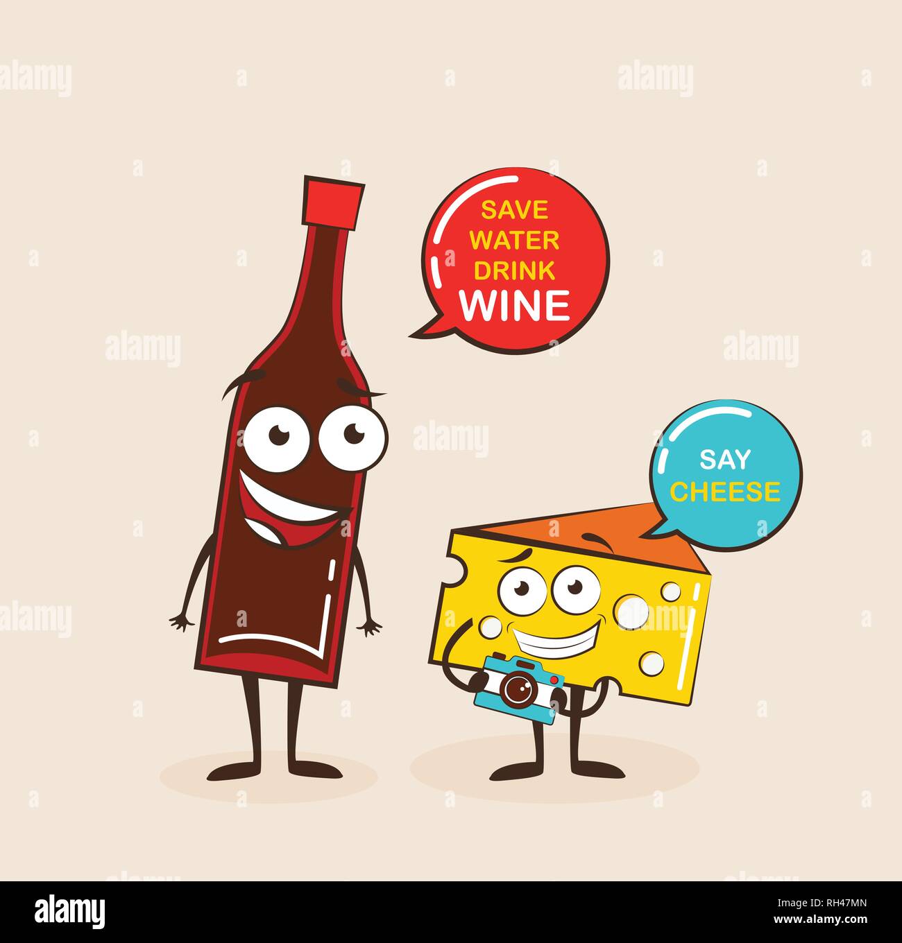 Vector cartoons of comic characters bottle of wine and cheese. Cartoon face food emoji. Funny food concept. vector illustration Stock Vector