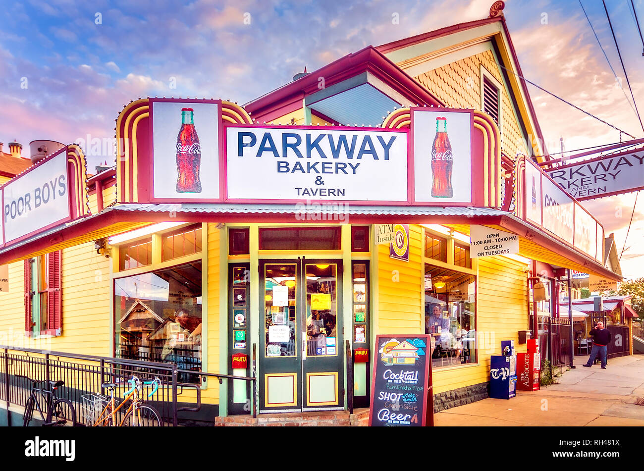 Parkway Bakery & Tavern is pictured at sunset, Nov. 12, 2015, in New Orleans, Louisiana. Parkway was founded in 1911 and is known for its po’ boys. Stock Photo