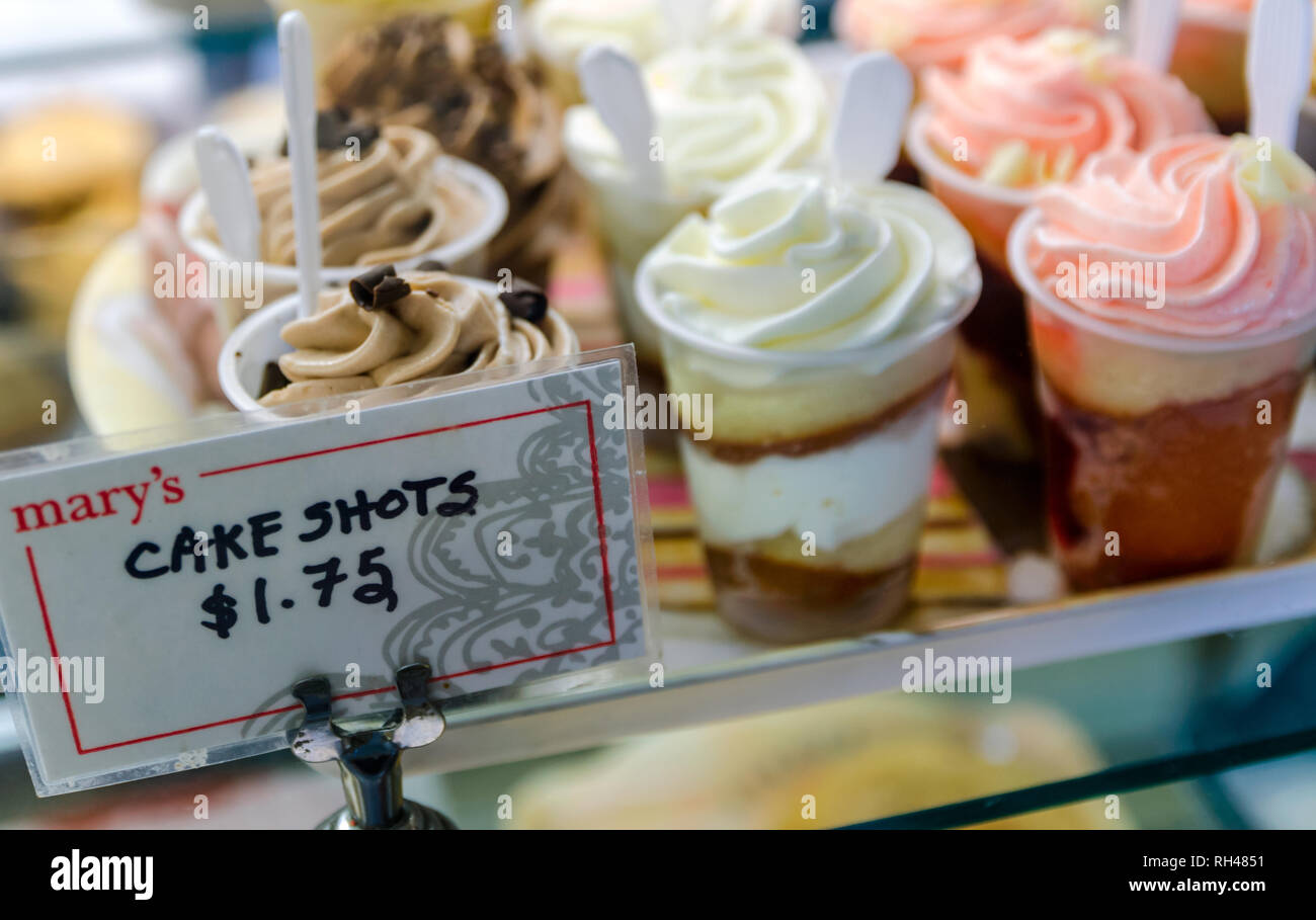 Cake shots are one of the popular items offered at Mary's Cakes & Pastries, a specialty bakery in Northport, Alabama. Stock Photo