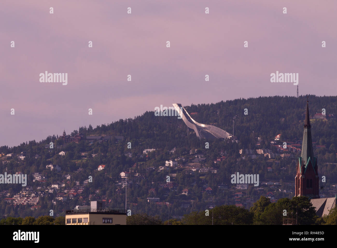 High part from Oslo city with the ski jump track, Norway. Stock Photo