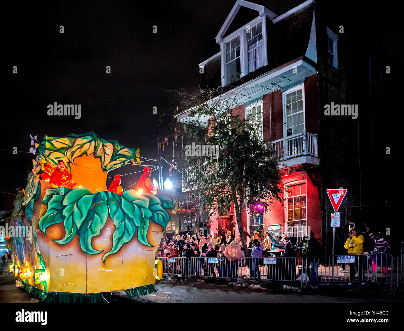 A float rolls down St. Charles Avenue at the Krewe of Hermes Mardi Gras parade at Lee Circle, Feb. 28, 2014, in New Orleans, Louisiana. Stock Photo