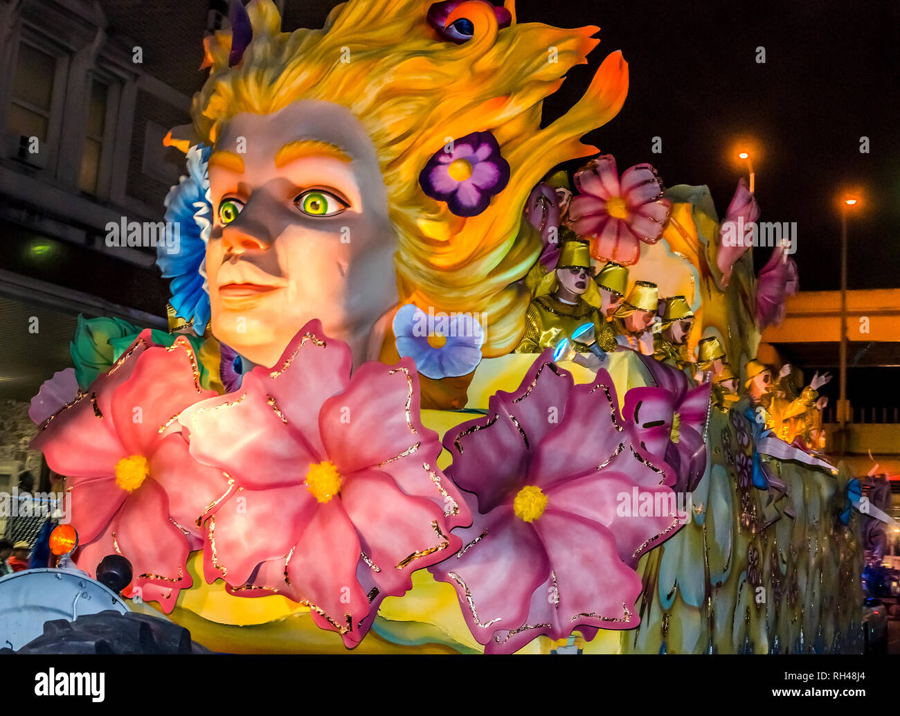A float rolls down St. Charles Avenue at the Krewe of Hermes Mardi Gras parade at Lee Circle, Feb. 28, 2014, in New Orleans, Louisiana. Stock Photo