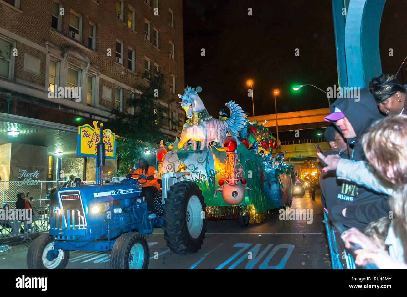 A float rolls down St. Charles Avenue at the Krewe of Hermes Mardi Gras parade at Lee Circle, Feb. 28, 2014, in New Orleans, Louisiana. Stock Photo