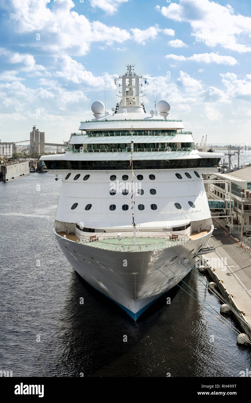 Closeup view of the bow of a cruise ship in port in Tampa, Florida. Stock Photo