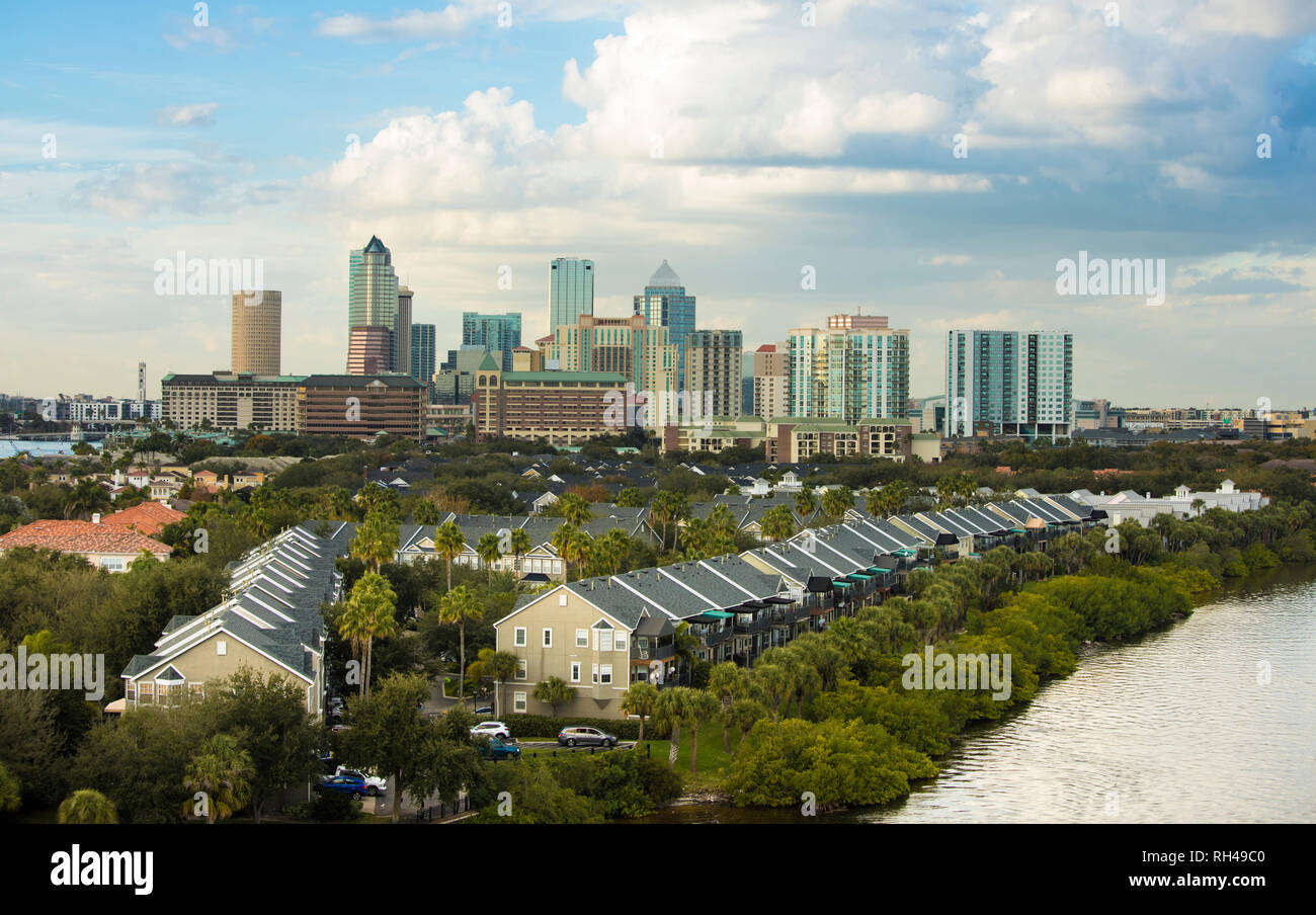 Low aerial view of downtown Tampa, Florida with expensive waterfront
