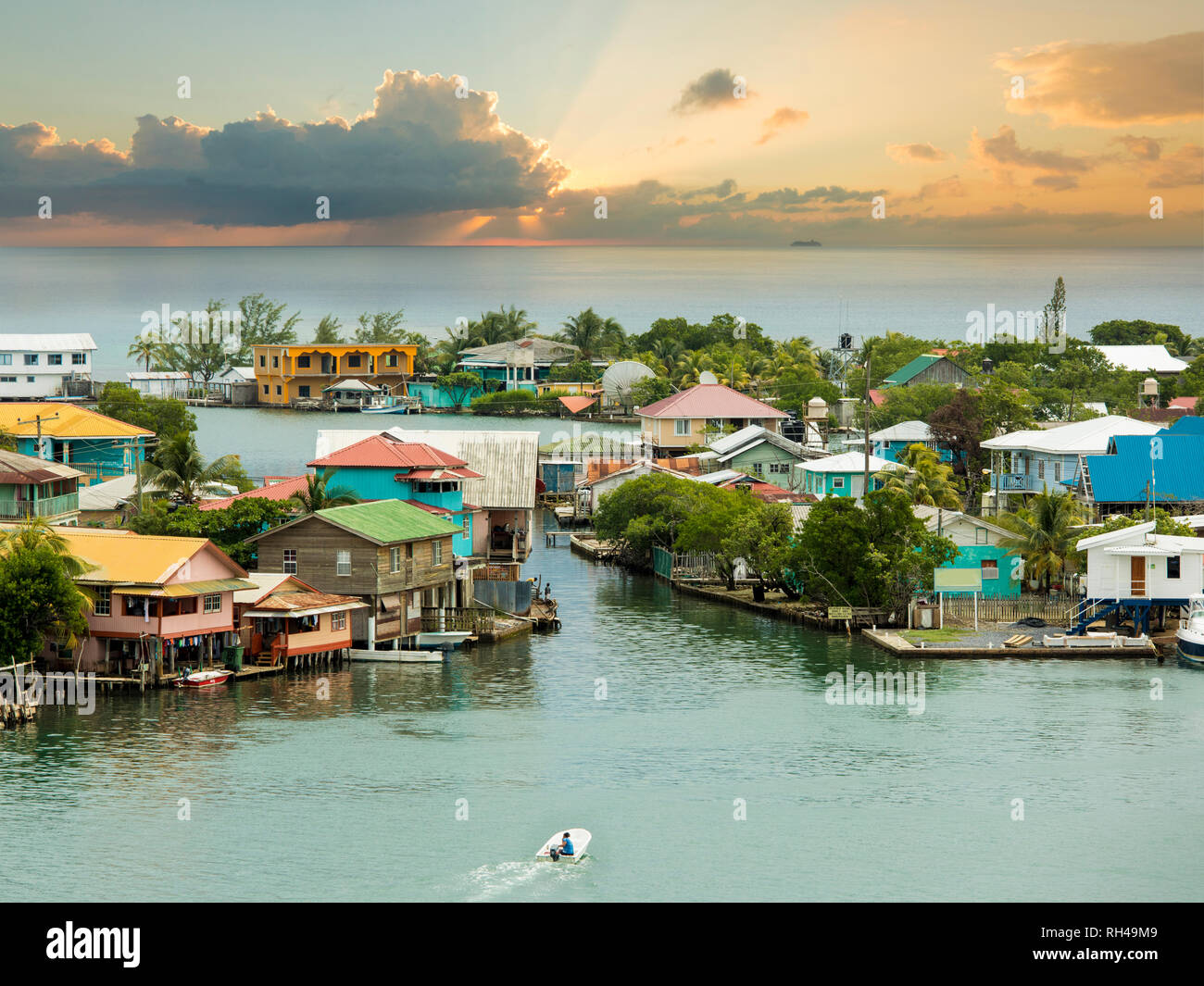 Oak Ridge area of Roatan Island, Honduras at sunrise. Oak Ridge is known as the Venice of the Caribbean. Stock Photo