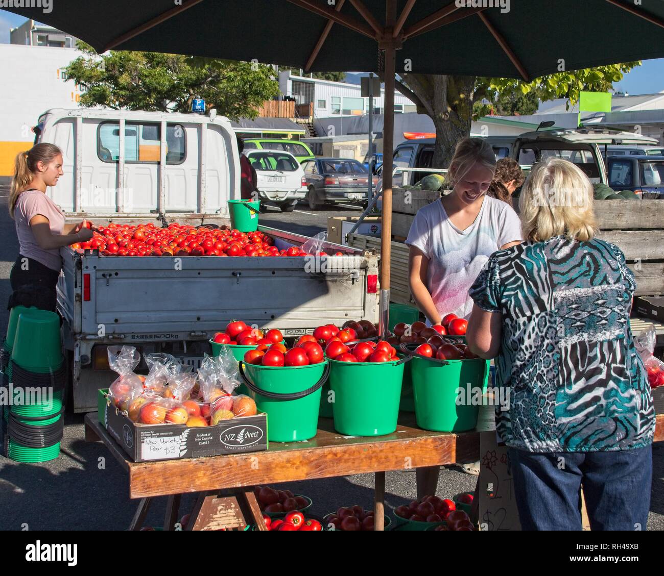 Tomatoes for sale by the bucket load on a market stall at a farmers market, New Zealand Stock