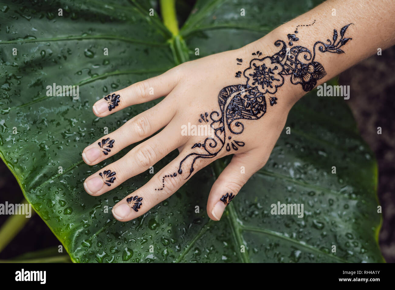 Picture of human hand decorated with henna Tattoo. mehendi hand Stock Photo  - Alamy