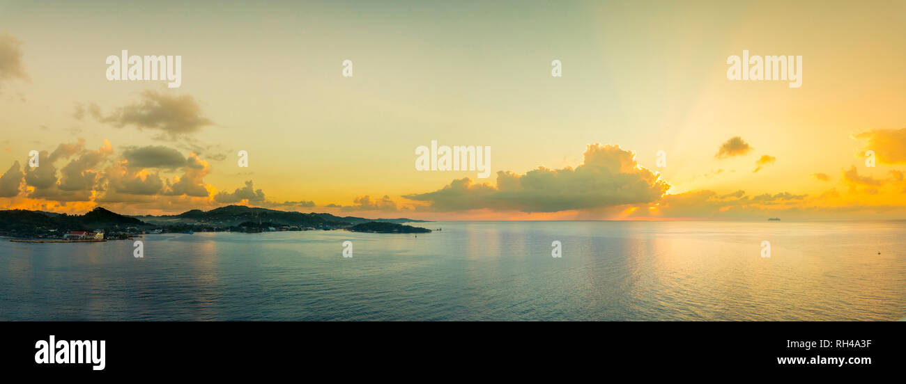Panorama of Roatan, Honduras at sunrise, beautiful scenic Stock Photo