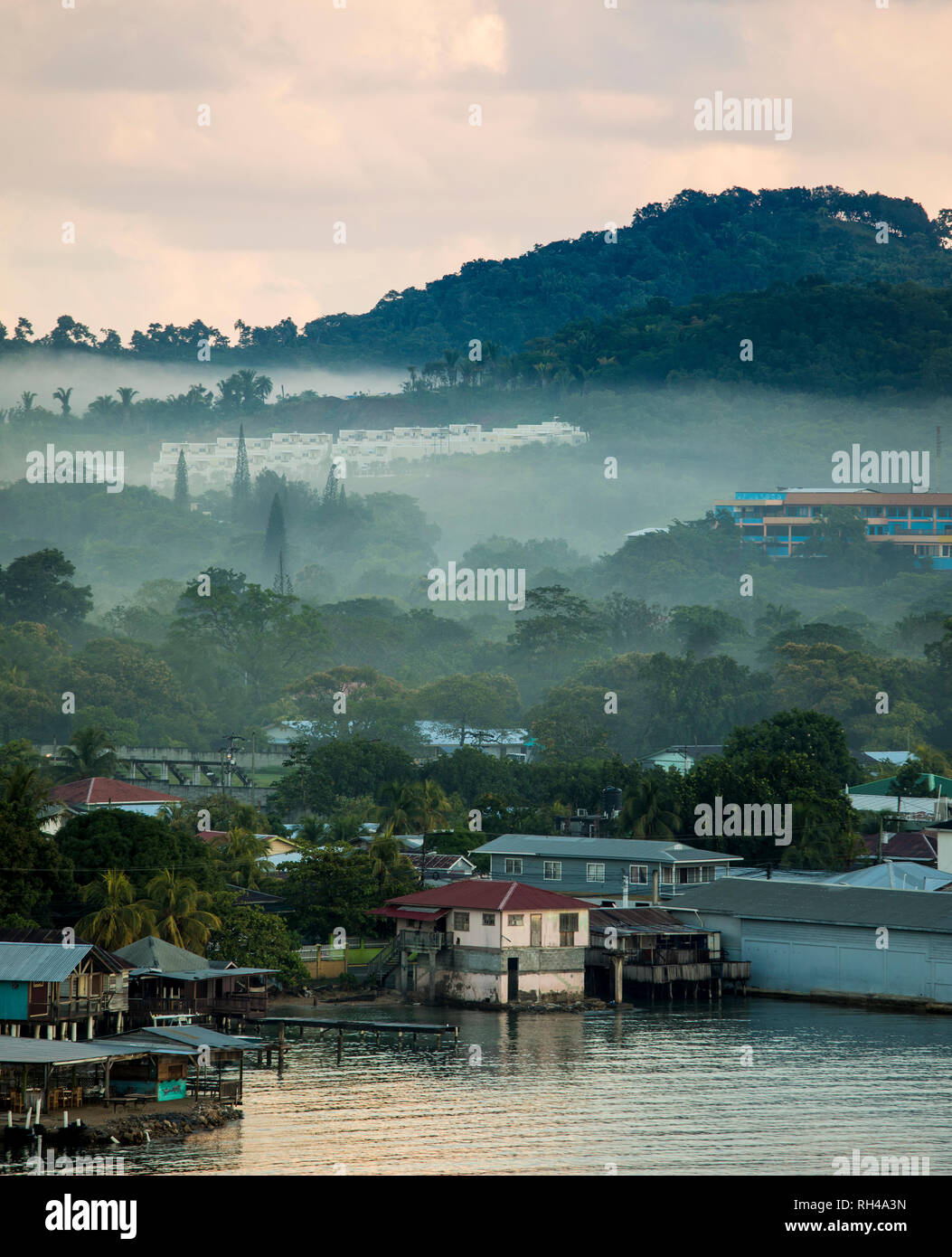 View of Coxen Hole and port on Roatan in morning mist. Stock Photo