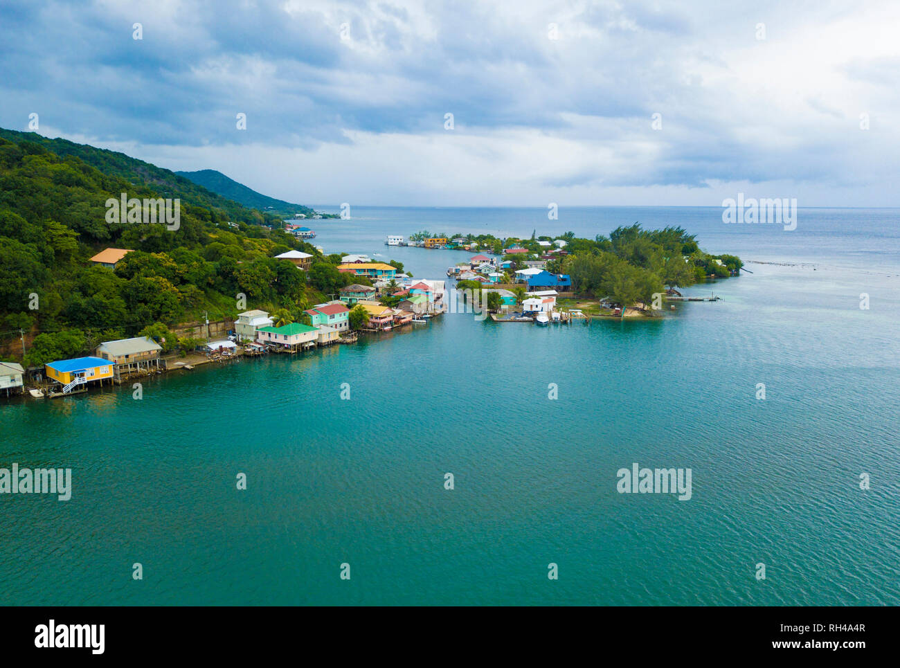 Aerial view of Oak, Ridge, the Venice of the Caribbean, in Roatan, Honduras. Stock Photo