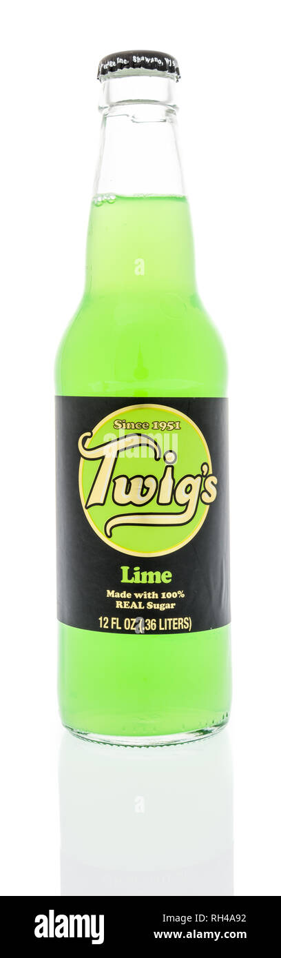 Winneconne, WI - 27 January 2019: A bottle of Twigs lime soda on an isolated background Stock Photo