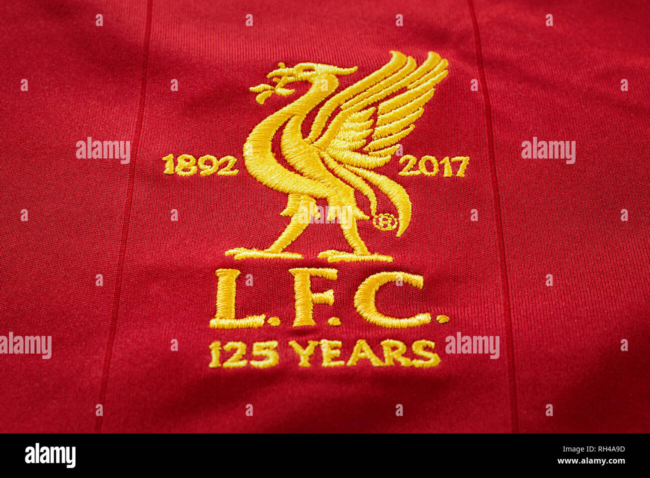 Bangkok, Thailand - January 17 2019: Close-up of Liverpool FC football home  jersey circa 2017-2018 with club's emblem, celebrating 125 years of the cl  Stock Photo - Alamy