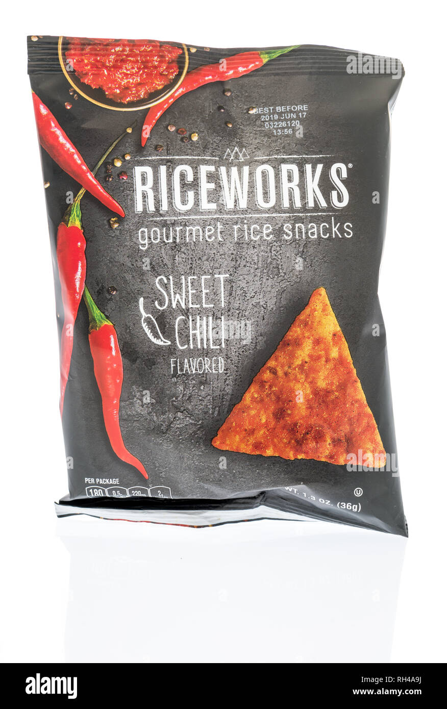 Winneconne, WI - 28 January 2019: A package of Rice Works gourmet rice snacks on an isolated background Stock Photo