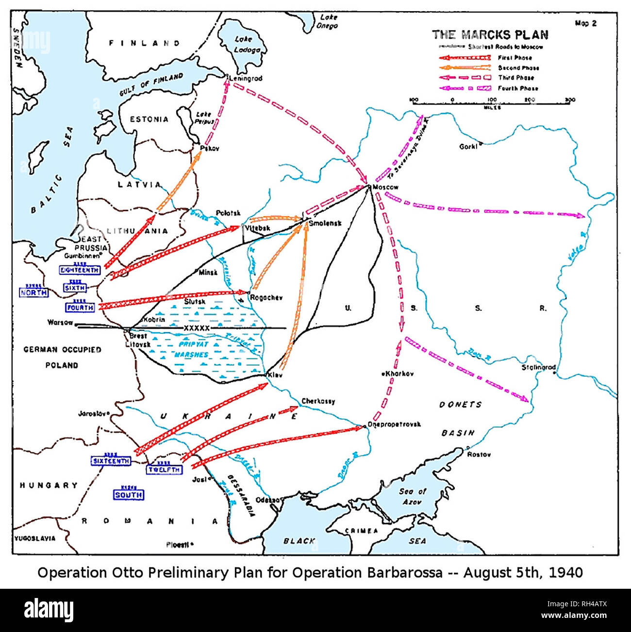 Operation Otto Preliminary Plan for Operation Barbarossa - Graphic representation of original German plan of attack on Soviet Union during World War II from US government study Stock Photo