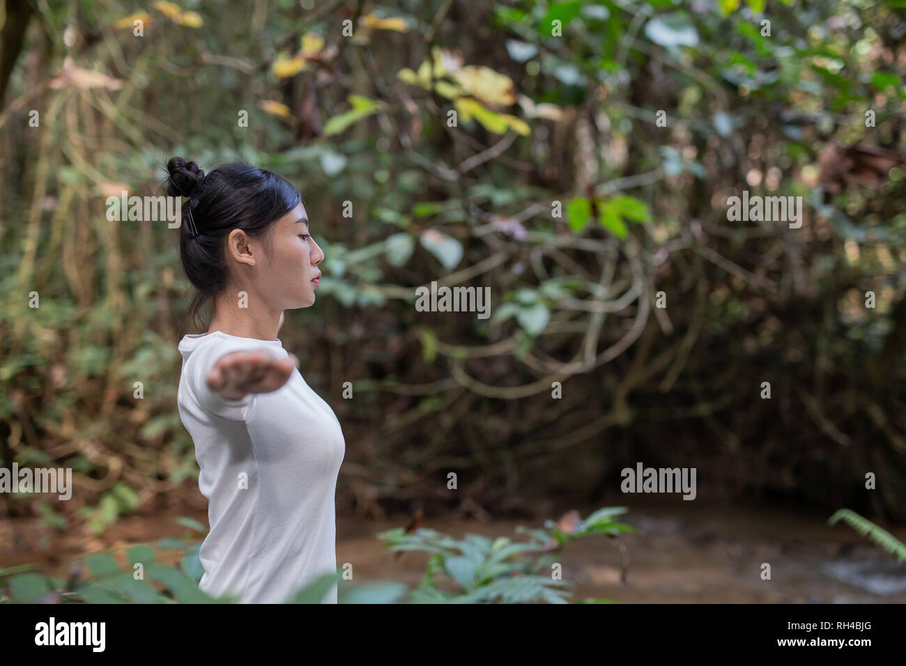 Beautiful girls are playing yoga at the park. Among the natural ...