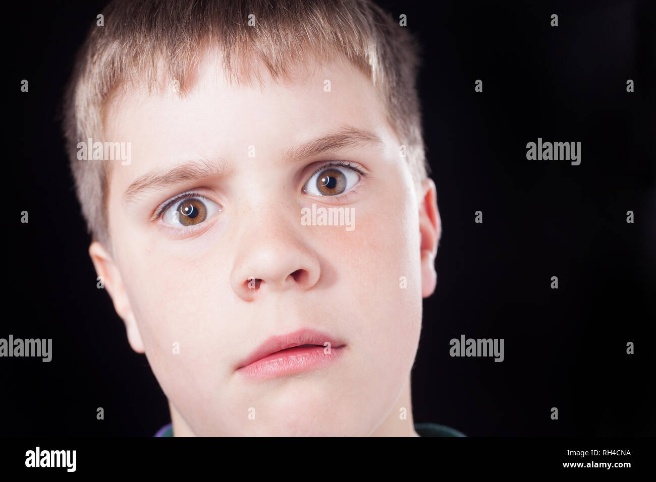 Studio shots of young boy with short brown hair, wearing green jumper Stock Photo