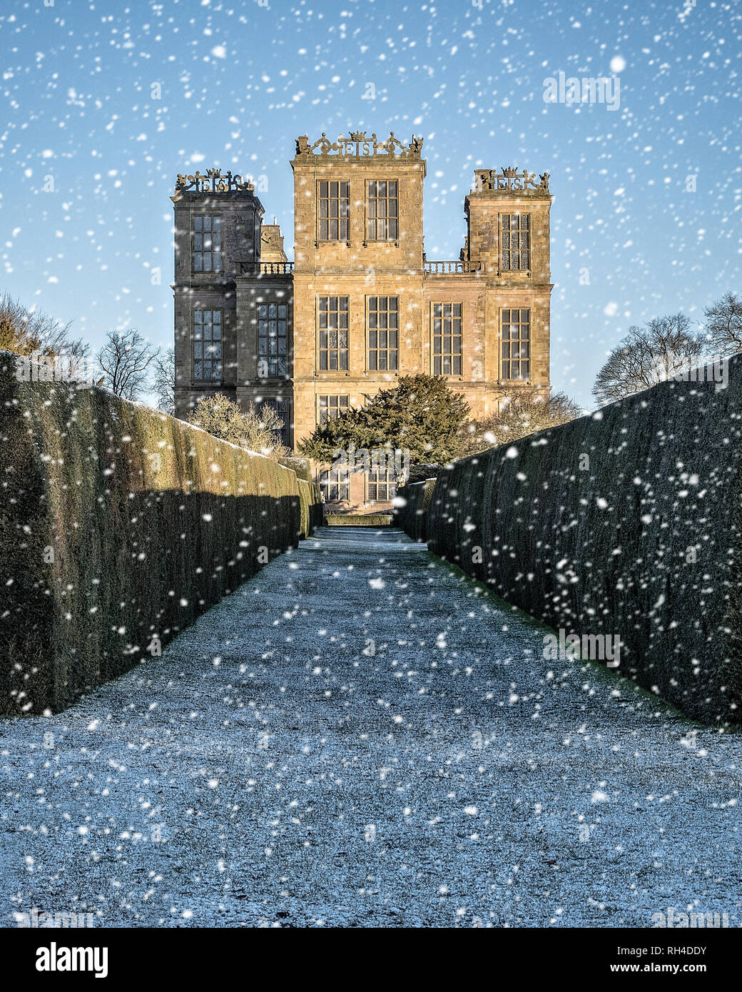 Hardwick Hall in Derbyshire, is an  Elizabethan country house. Built between 1590 and 1597 for the formidable Bess of Hardwick, it was designed by the Stock Photo