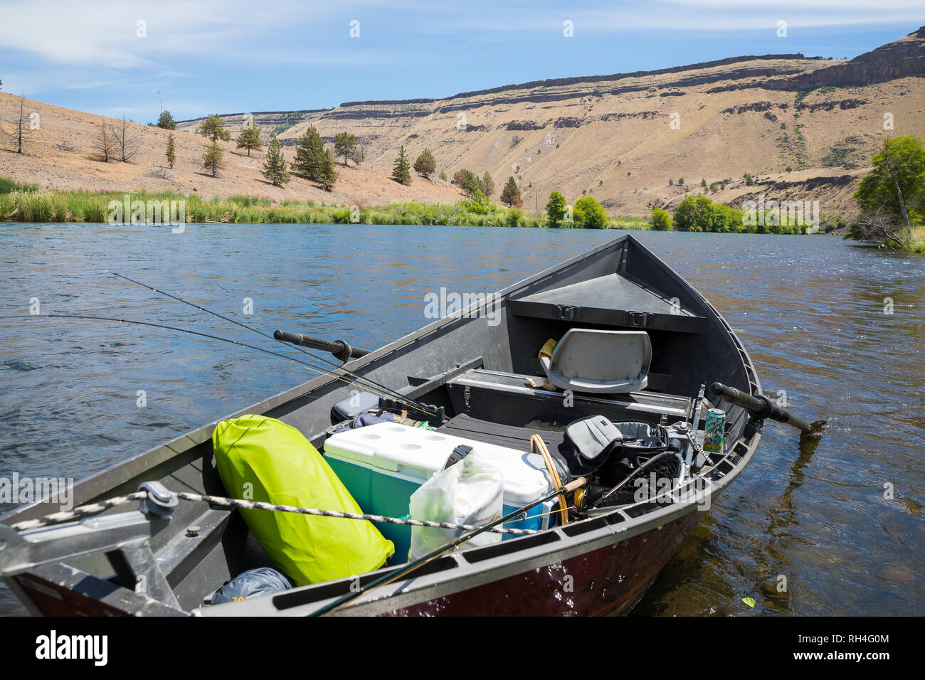 Overnight gear for a multi-day float trip on the Lower Deschutes River near Warm Springs in Oregon. Stock Photo