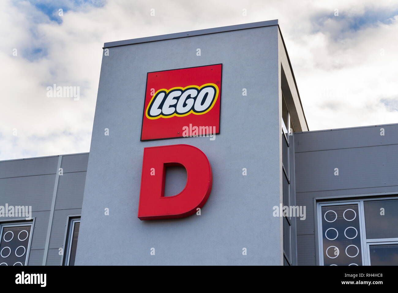 KLADNO, CZECH REPUBLIC - DECEMBER 4 2018: The Lego Group company logo on production factory building on December 4, 2018 in Kladno, Czech Republic. Stock Photo