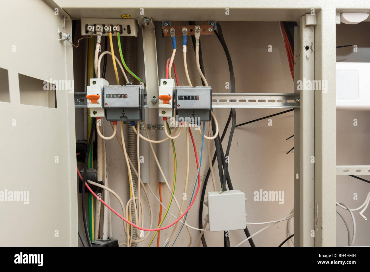 Two electronic electrical meters and a junction box Stock Photo Alamy