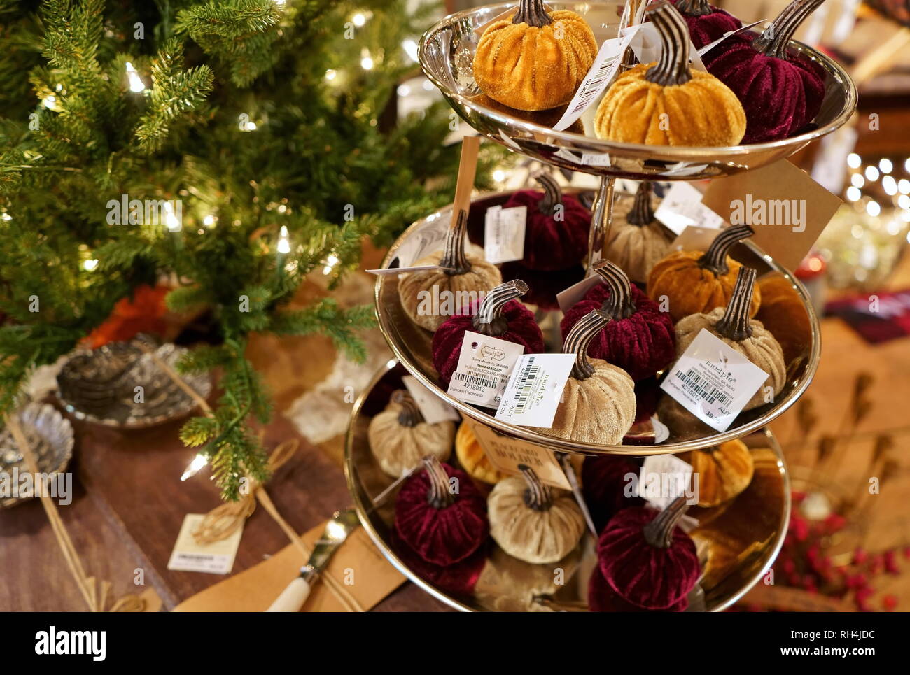 Wilton, CT USA. Nov 2018. Unique artisan made decorative crafts at The Historical Christmas Barn. Stock Photo