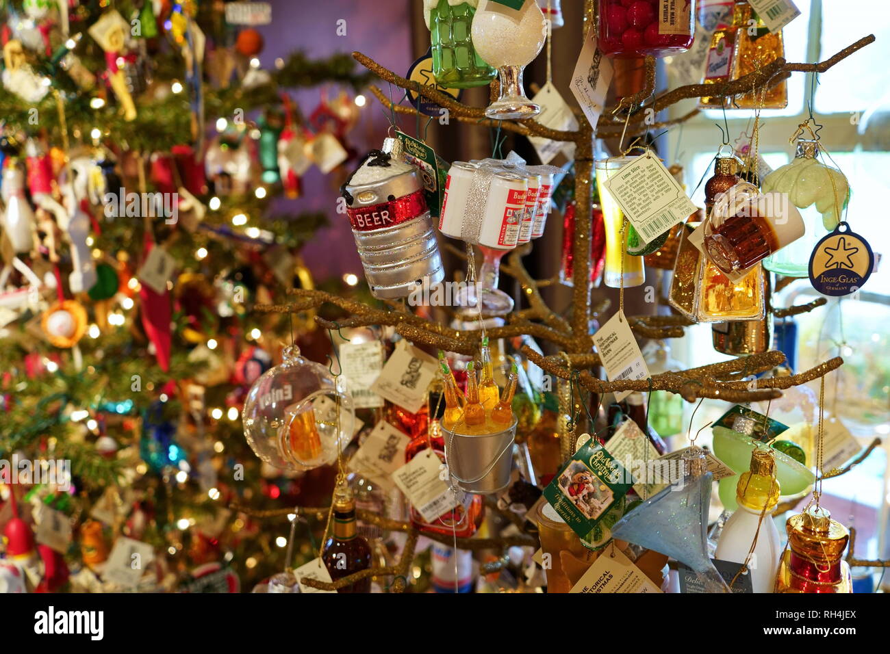 Wilton, CT USA. Nov 2018. Unique alcohol theme Christmas ornaments at The Historical Christmas Barn. Stock Photo