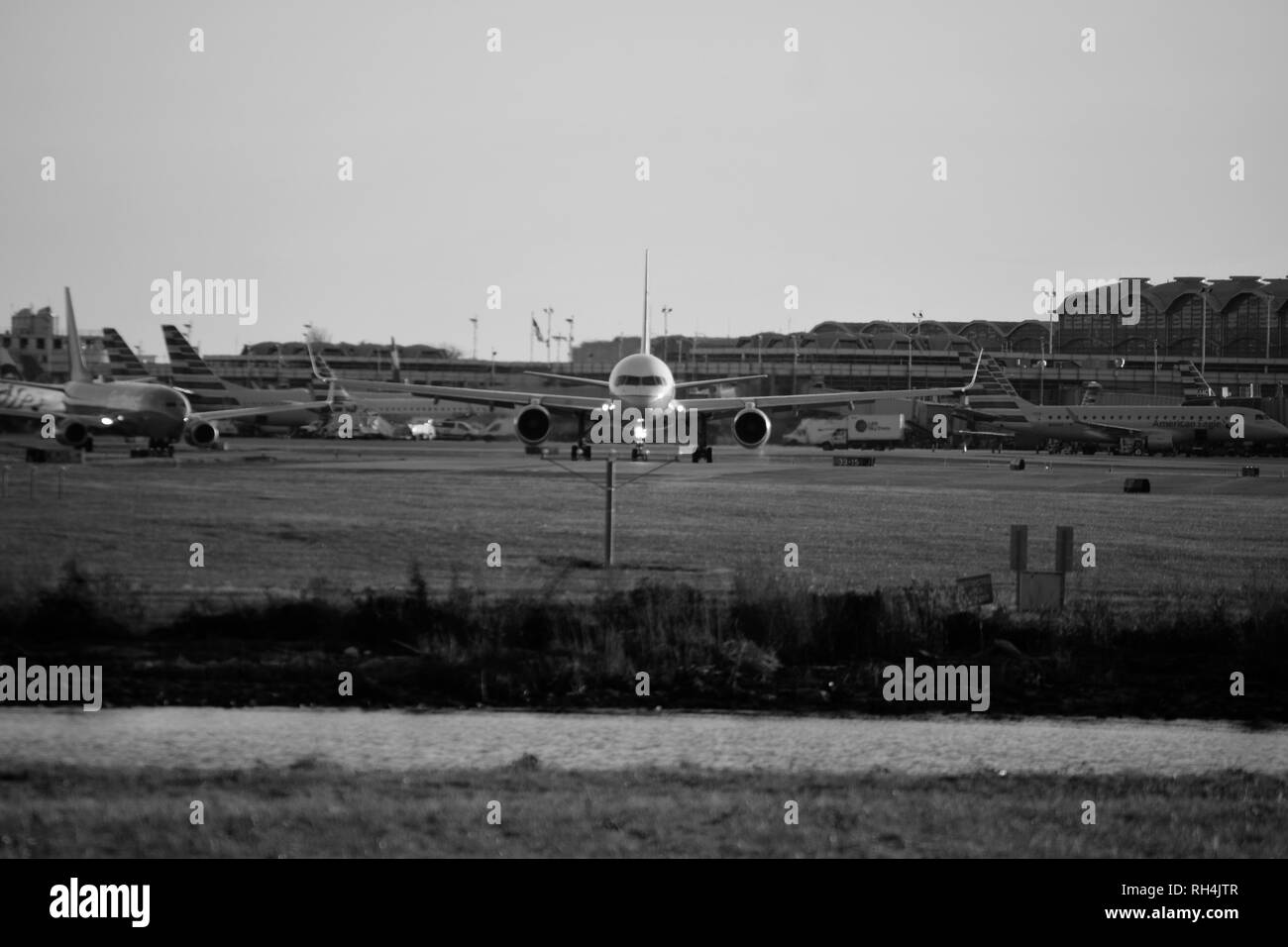 Airliner Taxiing for takeoff at Ronald Regan National Airport just outside of Washington DC, USA. Stock Photo