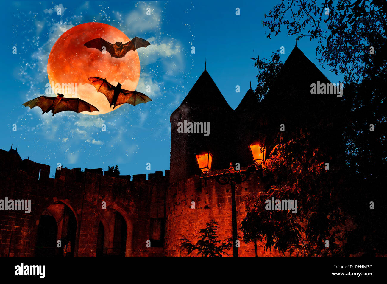 Full moon, bats, old castle at night Stock Photo
