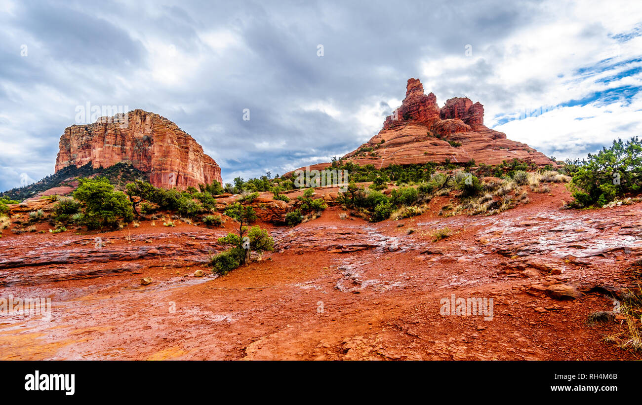 After rain showers, streams and puddles forming at Bell Rock and