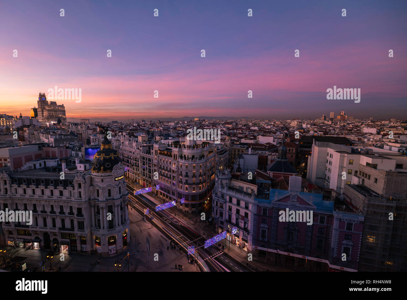Sunset of the iconic Moncloa Arch and Faro de Moncloa in Madrid Stock