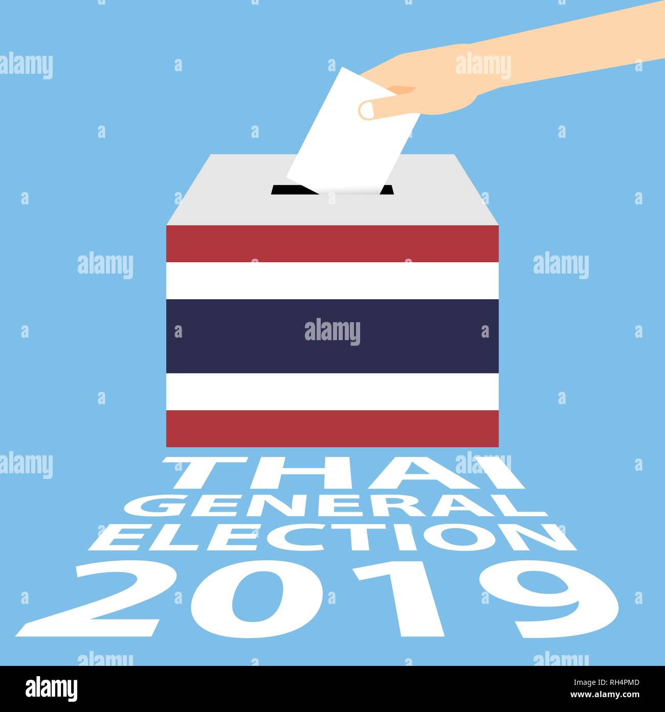 Thai General Election 2019 Vector Illustration Flat Style - Hand Putting Voting Paper in the Ballot Box Stock Vector