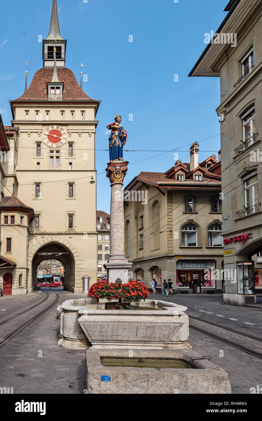 Anna-Seiler-Brunnen, a fountain decorated with statue of founder of the first hospital in city of Bern, Switzerland Stock Photo