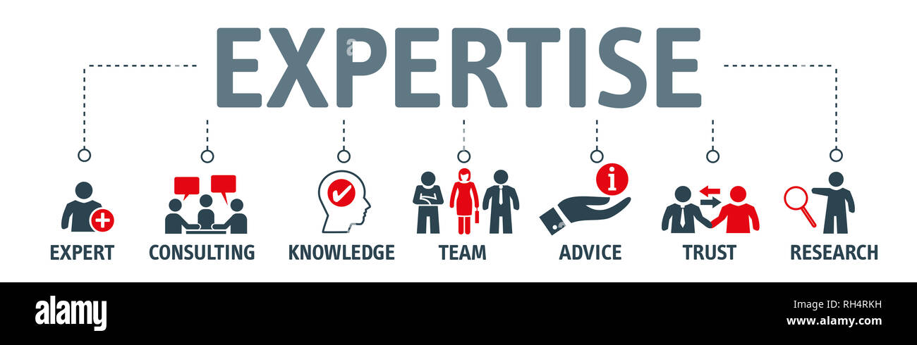 Expertise - icon set with the words 'expert, consulting, knowledge, team, advice, trust and research' - vector illustration concept Stock Photo