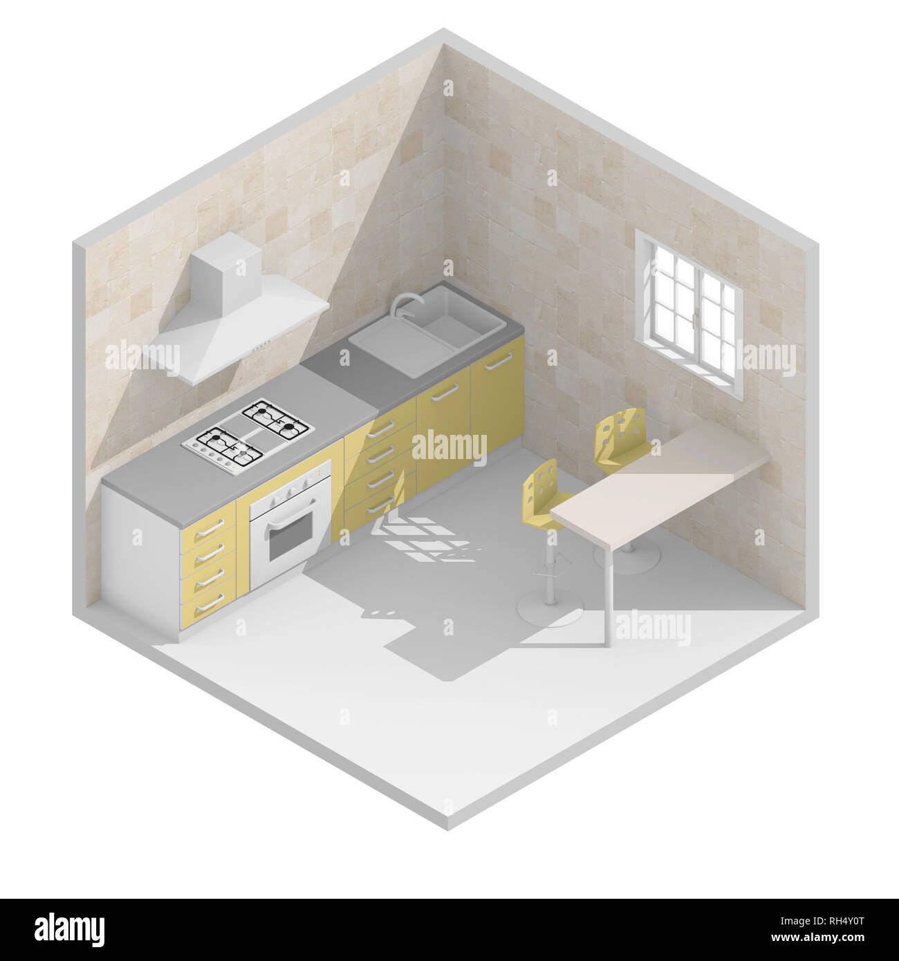 3d isometric rendering illustration of yellow domestic kitchen Stock Photo