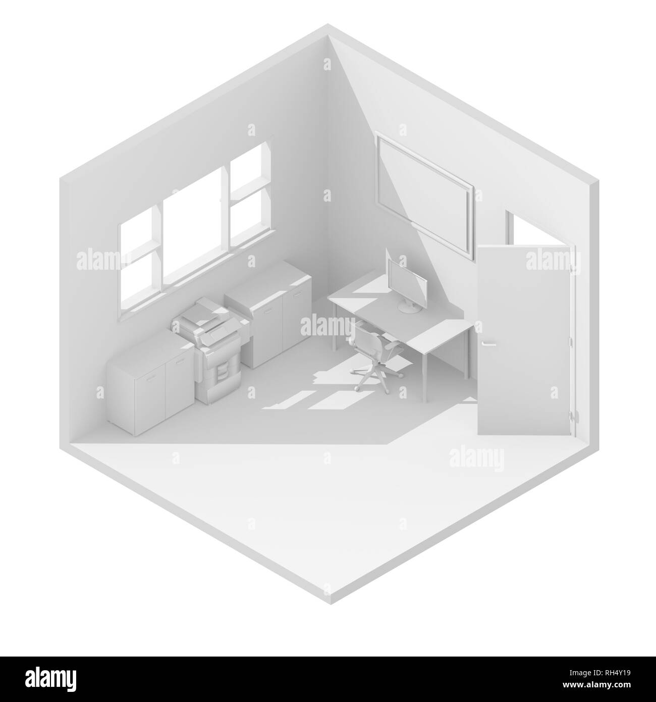 3d isometric rendering illustration of white furnished office Stock Photo
