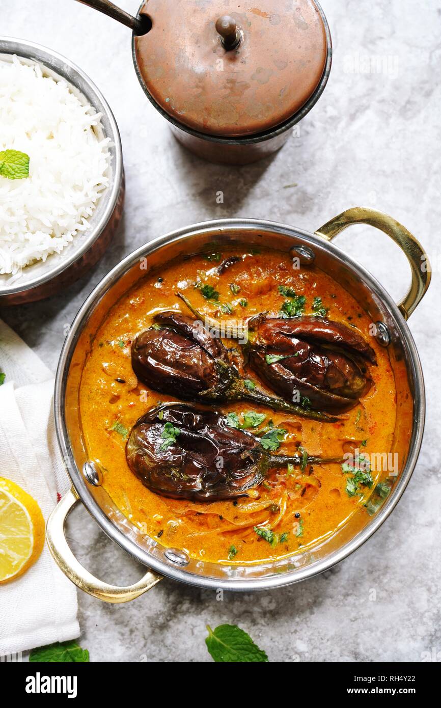 Dahi Baingan / Eggplant Yogurt curry served with rice - Popular Odia dish fromIndia Stock Photo