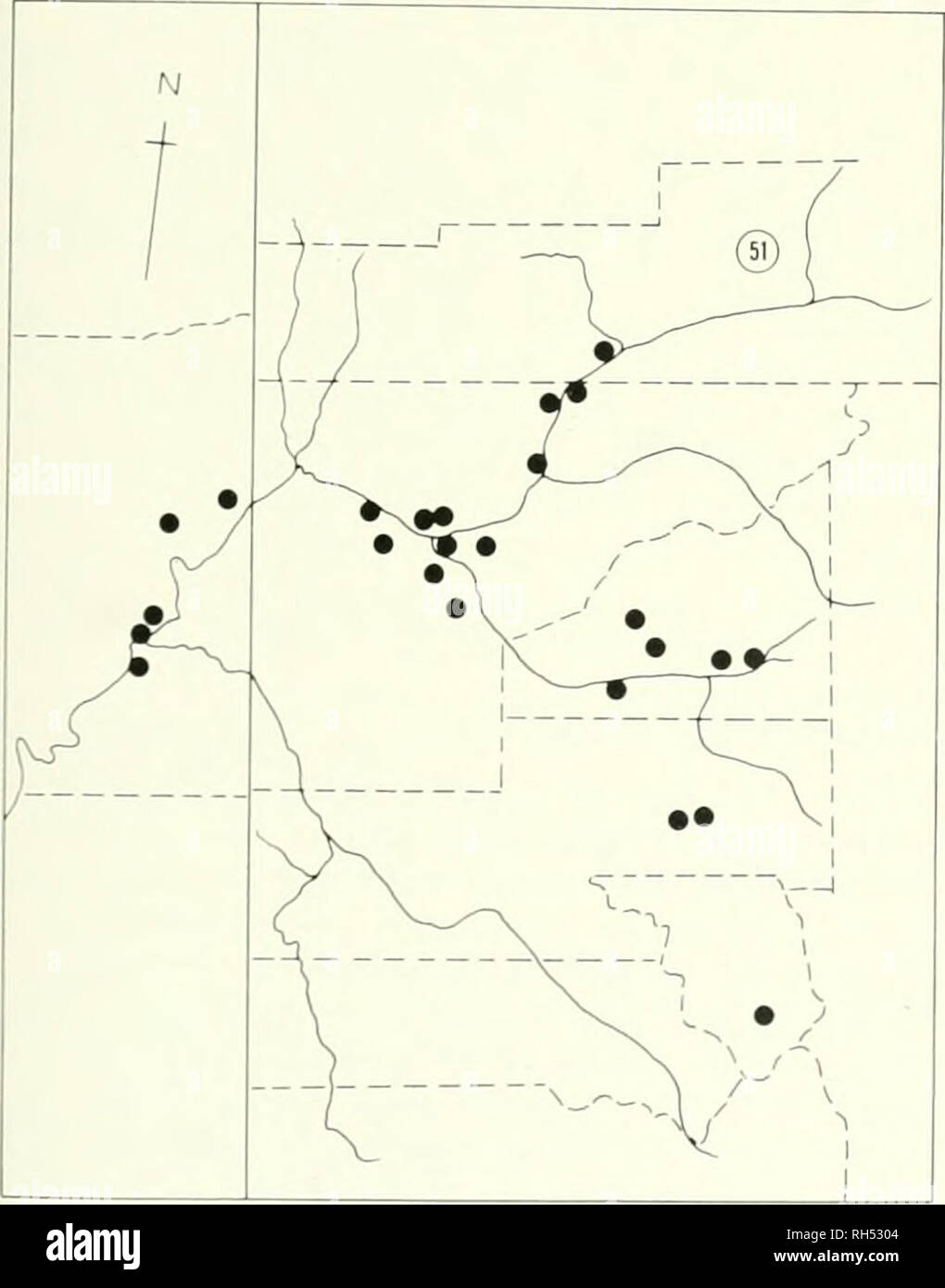 . Brigham Young University science bulletin. Biology -- Periodicals. Map No. Payson. 50. Eastern Utah. Range of C. wetherillii {Edslw.). .Map No. 51. Western Colorado and eastern Utah. Range of C. longiflora (A. Nels.) Payson. slendei, 1 -many, 0.8-1.2 dm long, sliigose and weakly spreading setose; leaves linear-spatulate, mostly basal, obtuse. 2-5 cm long, 0.3-0.6 cm wide, dorsal surface strigose and weakly spreading setose, conspicuously pustulate, ventral surface uniformly strigose and with- out pustules; inflorescence narrow, interrupted, 0.6-1.4 dm long, weakly setose, foliar bracts incon Stock Photo